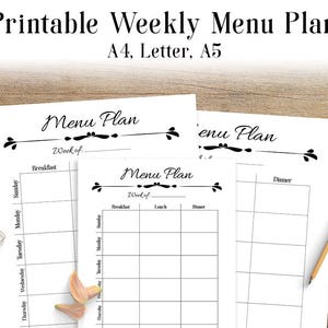 Menu Plan Printable, Printable Meal Planner, Weekly Menu Planner, Food Diary, Menu Planning, Menu Board, Menu Organizer, A4, Letter, A5, PDF