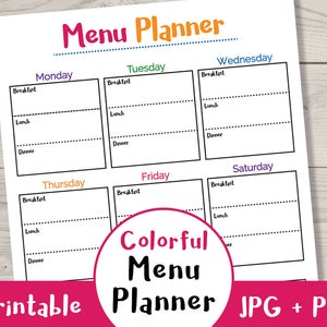 Colorful Meal Planner Printable, Printable Menu Planner, Weekly Meal Planner, Weekly Meal Schedule, Meal Planner PDF, Kitchen Home Binder image 1