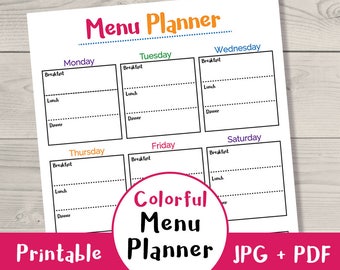 Colorful Meal Planner Printable, Printable Menu Planner, Weekly Meal Planner, Weekly Meal Schedule, Meal Planner PDF, Kitchen Home Binder