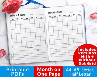 Month on One Page Printable, Bullet Journal Monthly Planner Printable, Month at a Glance Printable, Month at a Glance Planner, MO1P PDF