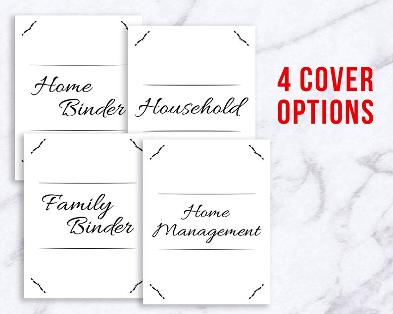 May include: Four printable cover options for a home binder. The options include "Home Binder", "Family Binder", "Household", and "Home Management".