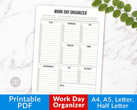 Work Day Planner Printable- Minimalist, Work Day Organizer, Daily Work Planner, Day Planner, Productivity Planner, Business Daily Schedule