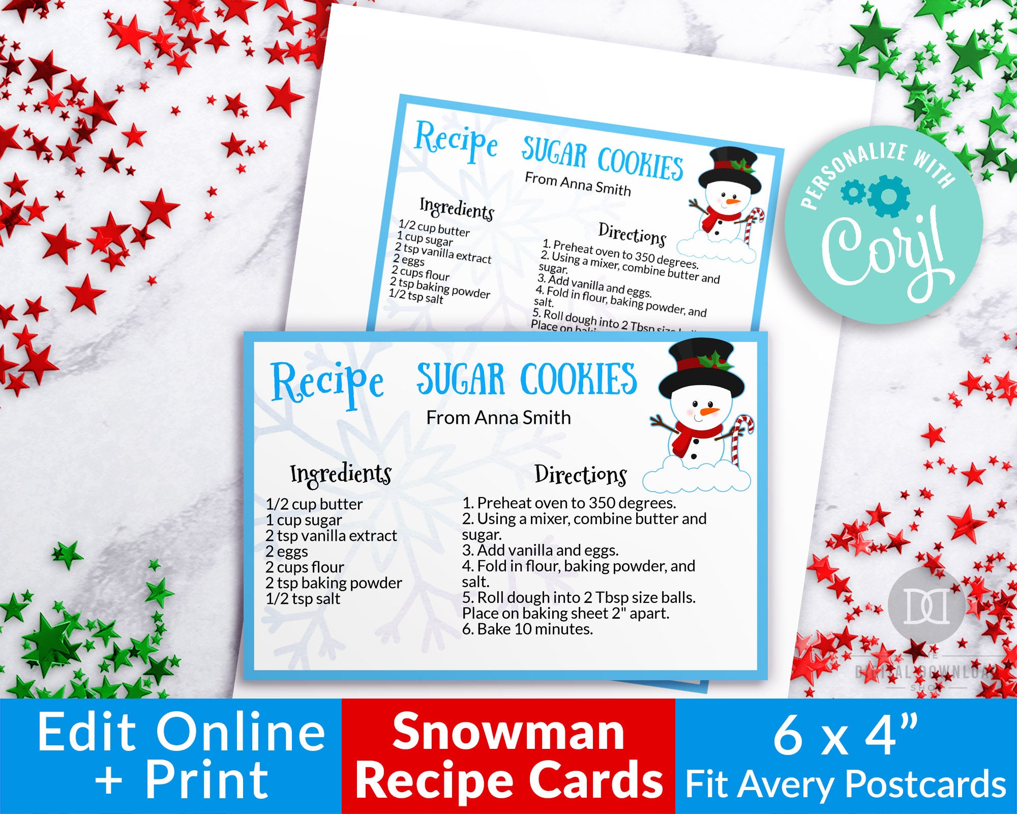 Christmas Cookie Recipe Card Template Printable, Editable Winter Recipe  Card, Editable Cookie Exchange Recipe Card, Blue Snowman Recipe Card Pertaining To Cookie Exchange Recipe Card Template