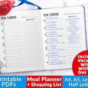 Meal Planner Printable, Bullet Journal Menu Planner, Shopping List Printable, Grocery List Printable, Food Planner, Weekly Meal Organizer
