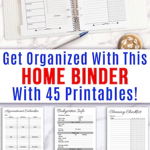 May include: A set of printable home binder pages for organising your home. The pages include a weekly plan, cleaning checklist, appointment calendar, babysitter info, elementary school info, emergency info, and freezer inventory.
