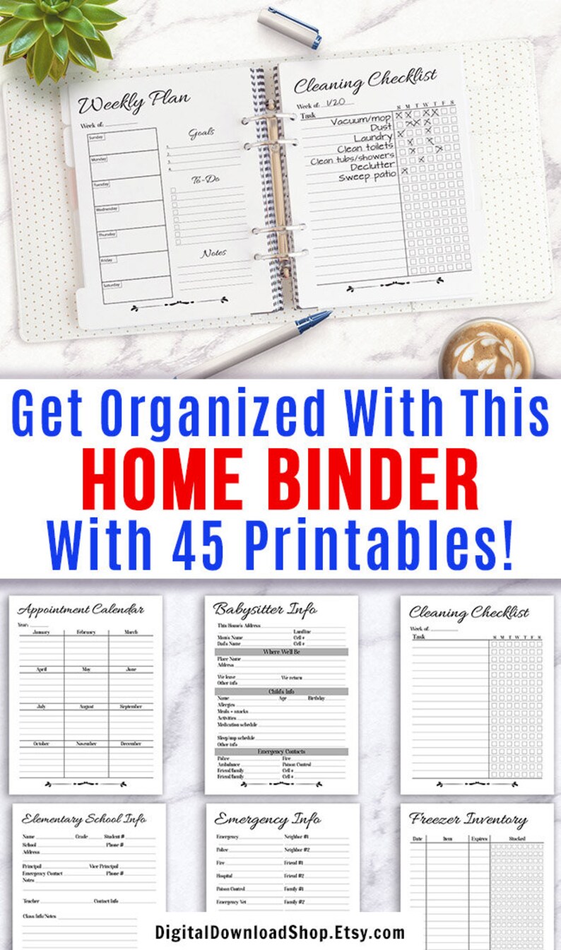 May include: A set of printable home binder pages for organising your home. The pages include a weekly plan, cleaning checklist, appointment calendar, babysitter info, elementary school info, emergency info, and freezer inventory.
