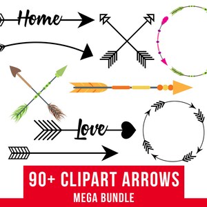 Puede incluir: Un conjunto de más de 90 flechas de clipart en varios estilos, incluyendo blanco y negro, coloridos y con diferentes puntas de flecha. Las flechas son perfectas para agregar un toque de fantasía a tus diseños. El conjunto incluye flechas con las palabras "Home" y "Love" escritas en ellas.