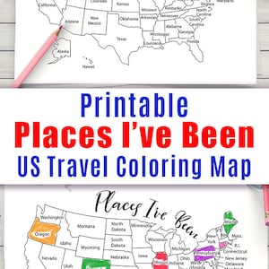 May include: A printable US travel coloring map with the states outlined in black. The map is titled "Places I've Been" and has a smaller version of the map below it with the states colored in. The text "DigitalDownloadShop.Etsy.com" is at the bottom of the image.