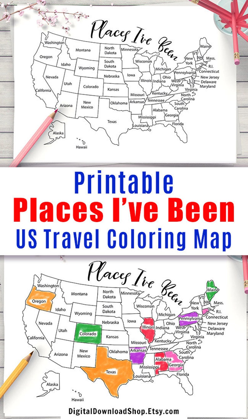 May include: A printable US travel coloring map with the states outlined in black. The map is titled "Places I've Been" and has a smaller version of the map below it with the states colored in. The text "DigitalDownloadShop.Etsy.com" is at the bottom of the image.
