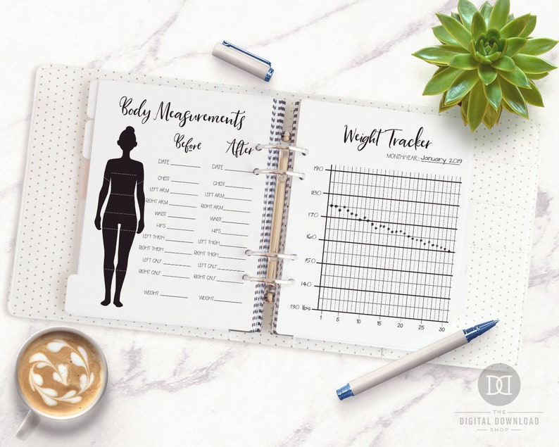 May include: A printable planner page with a body measurement chart and a weight tracker. The body measurement chart has a silhouette of a person with lines for measuring different body parts. The weight tracker is a graph with a line showing weight loss over time. The text on the page says "Body Measurements Before After" and "Weight Tracker Month/Year: January 2019".