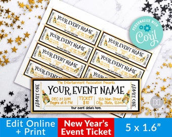 New Year's Eve Event Ticket Template, Printable New Year's Eve Party Tickets, Editable Event Tickets, New Year's Invitation Ticket Pass