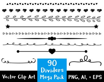 Line Divider Clipart - 90 Dividers Mega Pack, Wedding Clipart, Page Divider Clipart, Divider Graphics, Border Clipart Doodle, Commercial Use