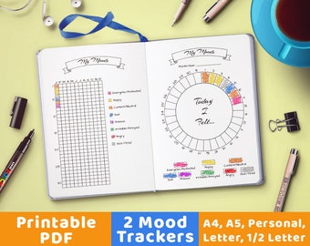 2 Bujo Journal Mood Trackers, Depression Trackers, Anxiety Trackers, Mood Chart, Mood Journal, Bujo Printable Planner Inserts, 5 Sizes
