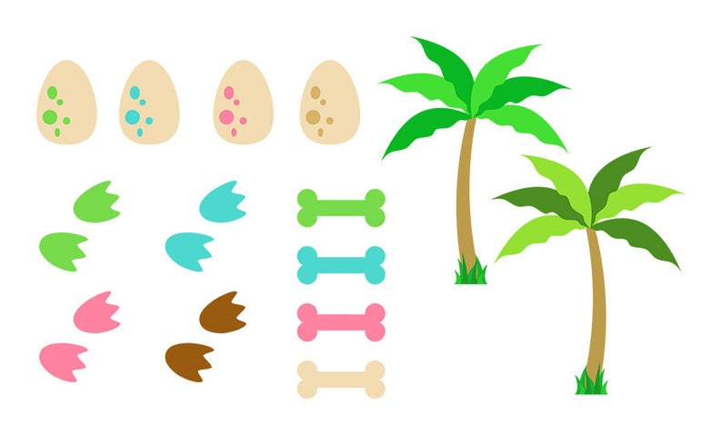 May include: A set of colorful dinosaur-themed clipart featuring eggs, footprints, bones, and palm trees. The eggs are speckled with pink, blue, and green dots. The footprints are green, blue, pink, and brown. The bones are green, blue, pink, and beige. The palm trees are green with brown trunks.