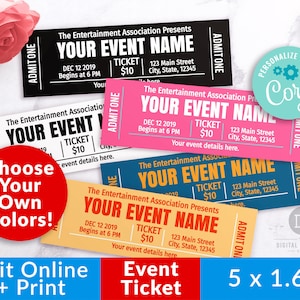 Event Ticket Vorlage zum ausdrucken - Wählen Sie Ihre eigenen Farben, bearbeitbare Event Tickets, DIY Event Ticket, Fake bearbeitbarer Pass, DIY Geschenkticket