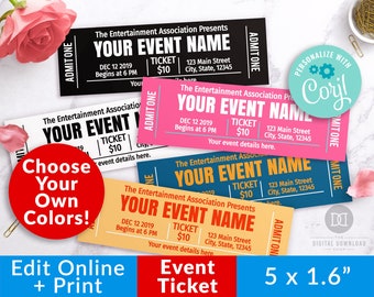 Event Ticket Template Printable- Choose Your Own Colors, Editable Event Tickets, DIY Event Ticket, Fake Editable Pass, DIY Gift Ticket