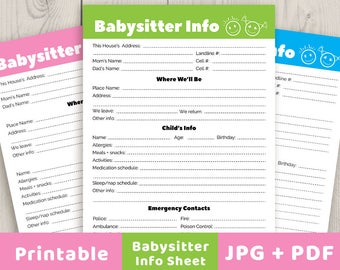 Babysitter Notes Printable, Babysitter Info Sheet, Babysitter Printable, Babysitter Checklist, Family Planner, Nanny Printable, Contacts