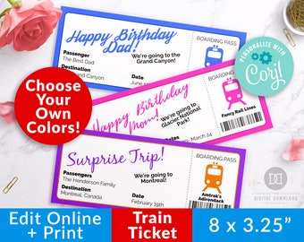 Train Ticket Template Printable, Editable Boarding Pass Template, Surprise Trip Ticket, Fake Pass Printable, Custom Train Ticket Vacation