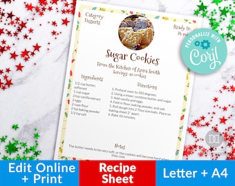 Christmas Recipe Sheet Template, Printable Recipe Sheet with Photo, Editable Holiday Recipe Sheet, Editable Cookie Exchange Recipe Cookbook