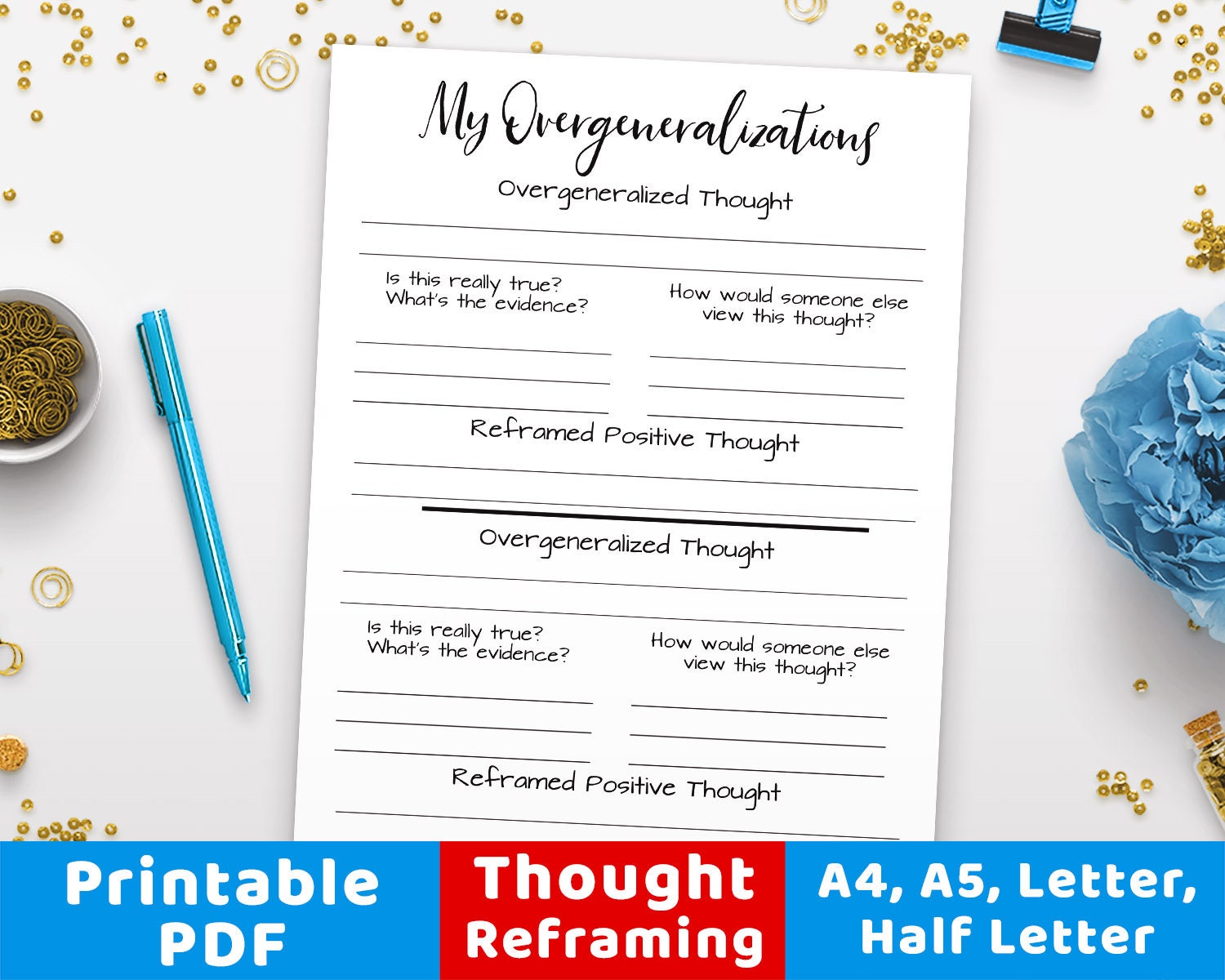 anxiety worksheet printable overgeneralized thought etsy