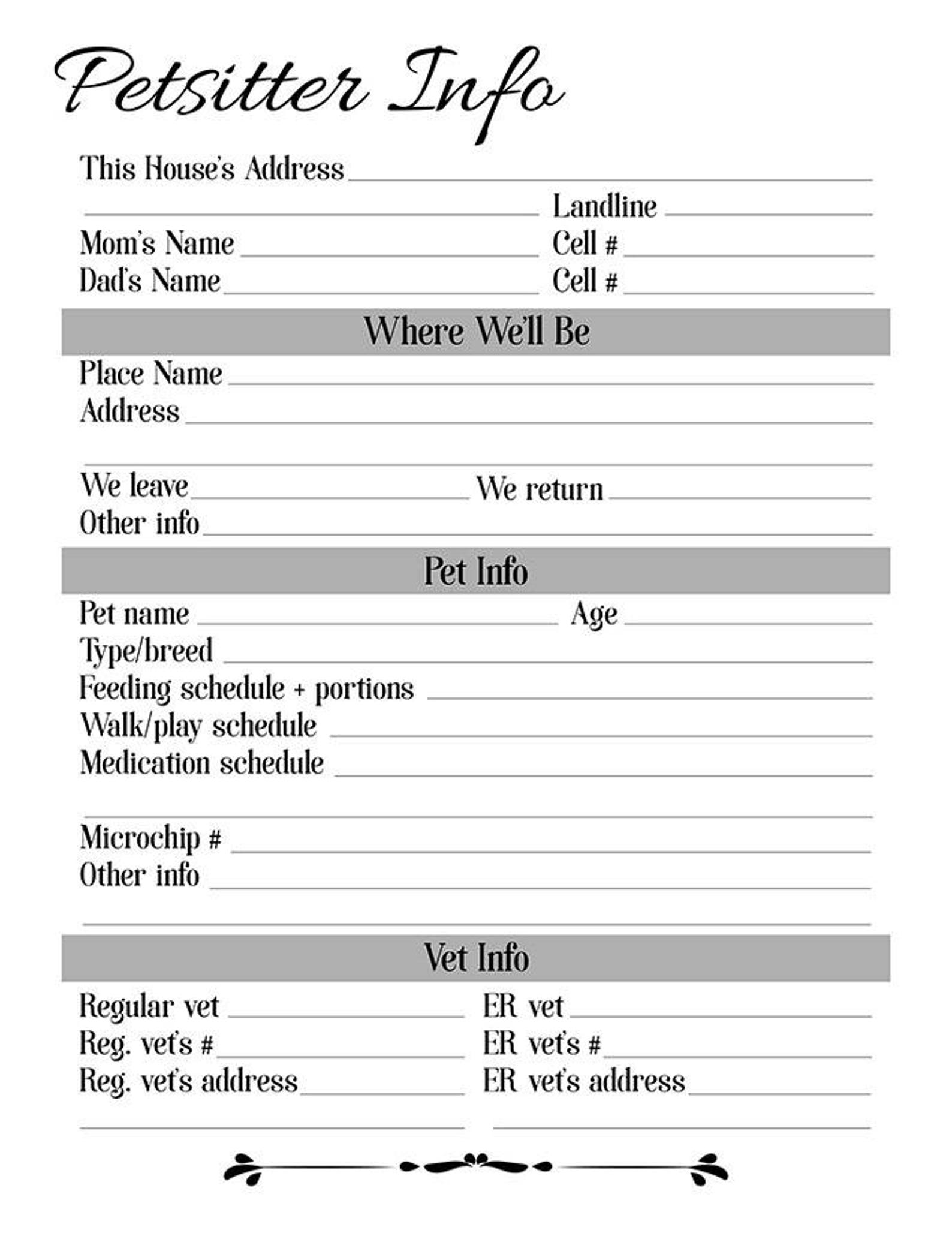Sitter Printables Babysitter Printable House Sitter Info | Etsy