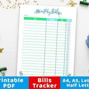 Monthly Bill Tracker Printable- Floral, Bill Payment Tracker, Bill Calendar, Bill Organizer, Expense Tracker, Monthly Budget Planner PDF