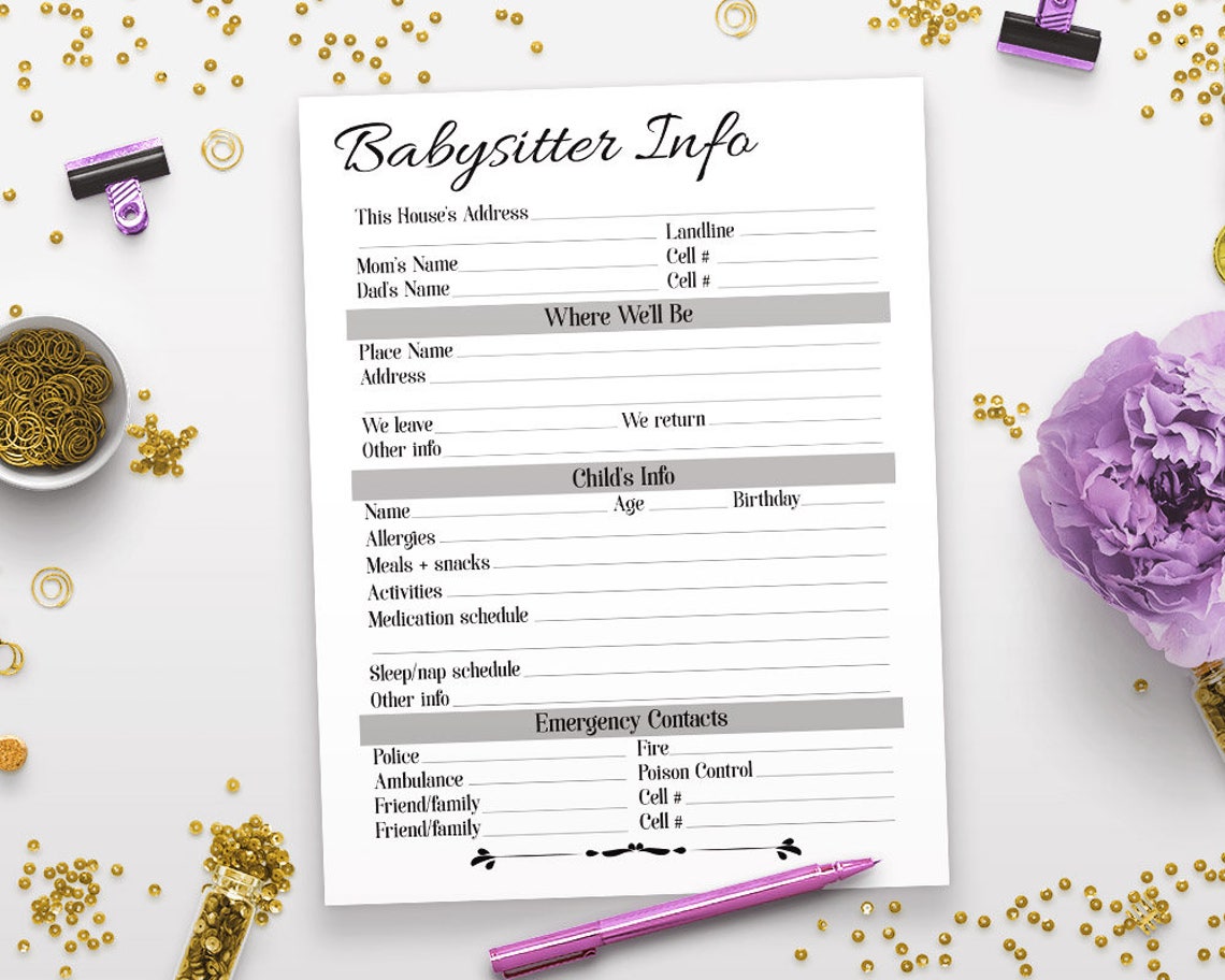 Sitter Printables Babysitter Printable House Sitter Info | Etsy