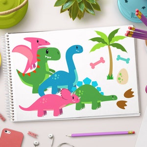 May include: A set of colorful cartoon dinosaur illustrations, including a pink triceratops, a green stegosaurus, a blue brachiosaurus, a green T-Rex, and a pink pterodactyl. The illustrations also include a palm tree, two bones, and a dinosaur egg.
