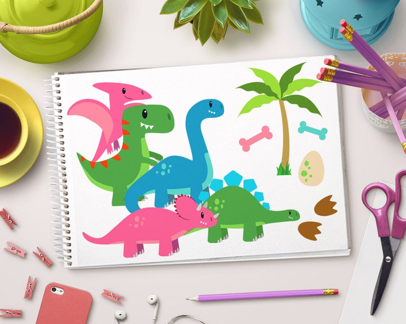 May include: A set of colorful cartoon dinosaur illustrations, including a pink triceratops, a green stegosaurus, a blue brachiosaurus, a green T-Rex, and a pink pterodactyl. The illustrations also include a palm tree, two bones, and a dinosaur egg.