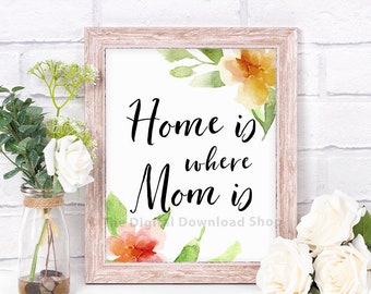 Home Is Where Mom Is Printable, Mother's Day Printable, My Mom Is Sign, Mom Print, Mother's Day Gift, Watercolor Floral Art, Hand Lettered