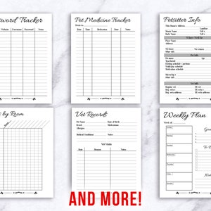 May include: A printable set of black and white planner pages for organising tasks, passwords, pet care, and weekly schedules. The pages include headings like "Password Tracker", "Pet Medicine Tracker", "Petsitter Info", "Tasks by Room", "Vet Records", and "Weekly Plan".