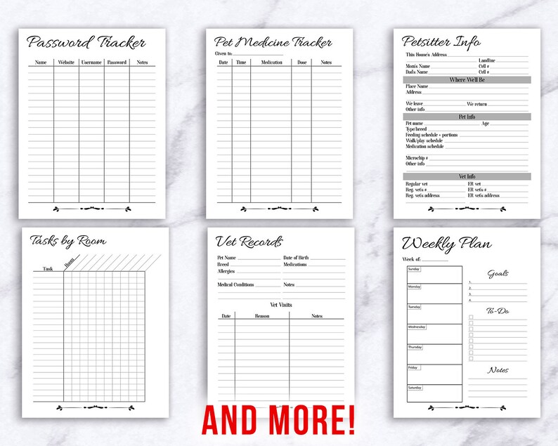 May include: A printable set of black and white planner pages for organising tasks, passwords, pet care, and weekly schedules. The pages include headings like "Password Tracker", "Pet Medicine Tracker", "Petsitter Info", "Tasks by Room", "Vet Records", and "Weekly Plan".