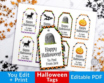 Halloween Tags Printable, Happy Halloween Tags Editable, Personalized Halloween Favor Tags, Editable Halloween Template, Treat Tags PDF