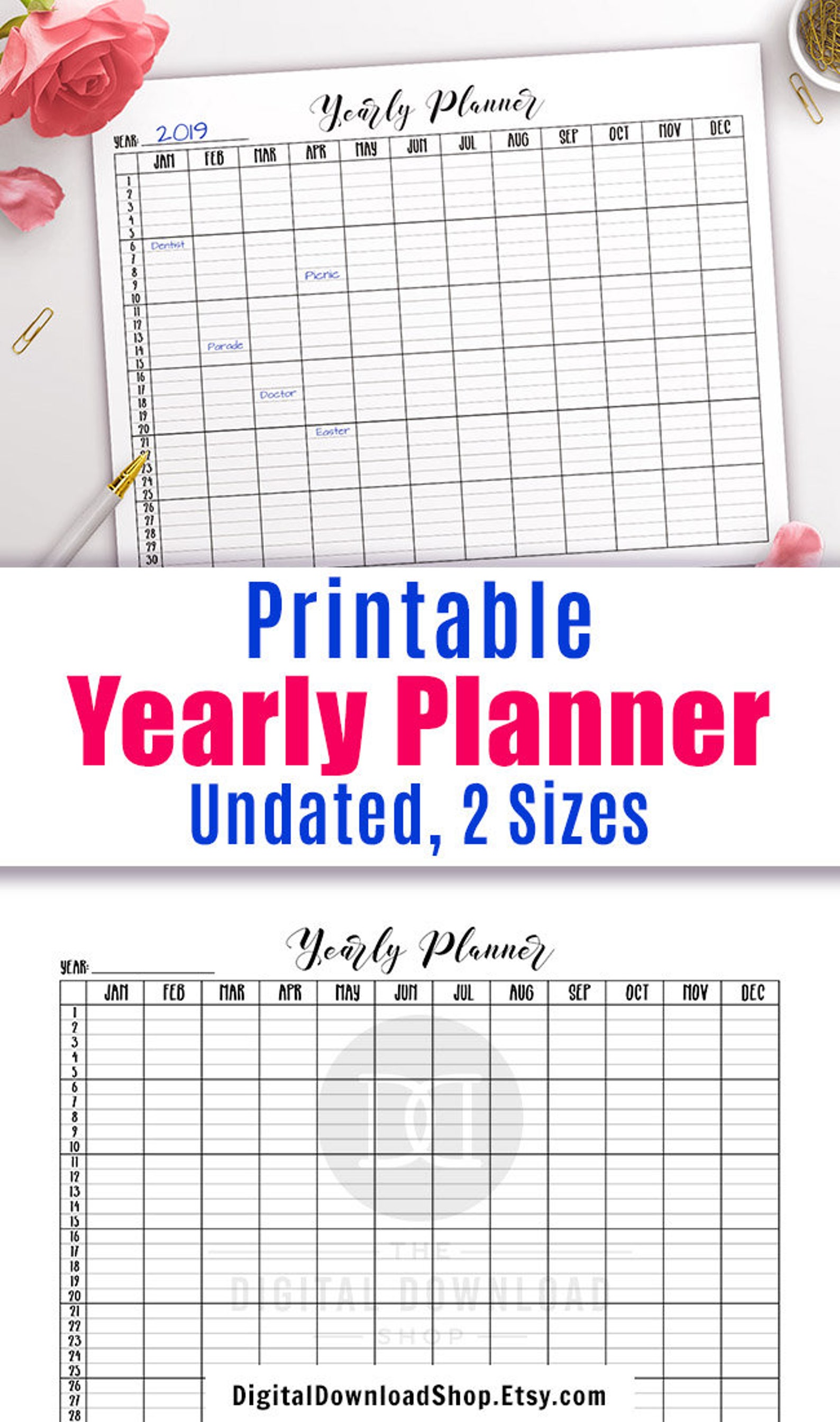 Yearly Planner Printable Horizontal Year at a Glance - Etsy