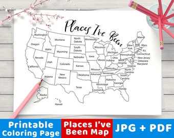 Places I've Been Map Coloring Page Printable, USA Map Coloring Printable, United States Map Coloring Page, United States Travel Map