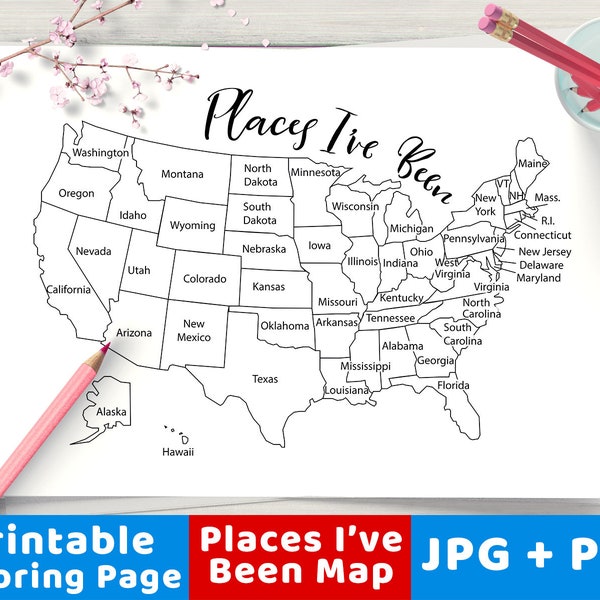 Places I've Been Map Coloring Page Printable, USA Map Coloring Printable, United States Map Coloring Page, United States Travel Map