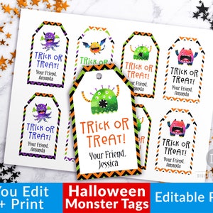 Halloween Tags Printable, Monster Halloween Tags Editable, Trick or Treat Tags, Personalized Halloween Favor Tags, Editable Halloween Tags