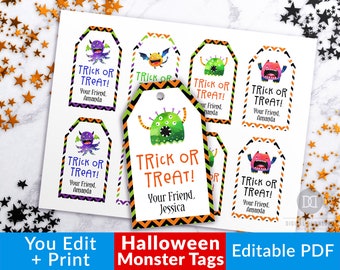 Halloween Tags Printable, Monster Halloween Tags Editable, Trick or Treat Tags, Personalized Halloween Favor Tags, Editable Halloween Tags