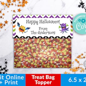 Topper de bolsa de golosinas de Halloween editable, Topper de bolsa de golosinas personalizado imprimible, Tapa de bolsa de dulces personalizada, Etiqueta de bolsa de regalos, Monstruo de Halloween para niños