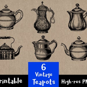 6 Vintage Teapots, Tea Kettle Clip Art, Tea Pot Clipart, Antique Kitchen + Dining Room Images, Tea Time Clipart, Tea Pot Clipart, PNG