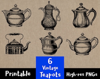 6 teteras vintage, tetera tetera clip art, tetera clipart, tetera clipart, cocina antigua + imágenes de comedor, imágenes prediseñadas a la hora del té, clipart tetera clipart, PNG