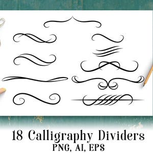 18 Calligraphy Dividers, Wedding Clipart, Calligraphy Clipart, Flourish Divider, Text Divider Clipart, Page Divider Clipart, Line Dividers