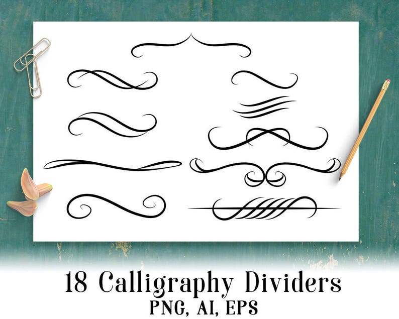 18 Calligraphy Dividers, Wedding Clipart, Calligraphy Clipart, Flourish ...