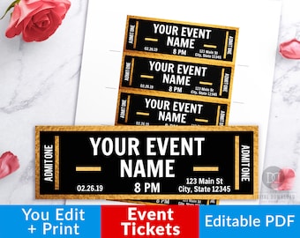 Gold Event Ticket Printables, Editable Event Tickets, Event Ticket Template Printable, DIY Event Ticket, Fake Concert Ticket Download