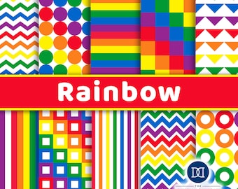 Rainbow Digital Papers, Rainbow Patterns, Seamless Birthday Digital Paper, Rainbow Scrapbook Papers, Rainbow Backgrounds, Commercial Use