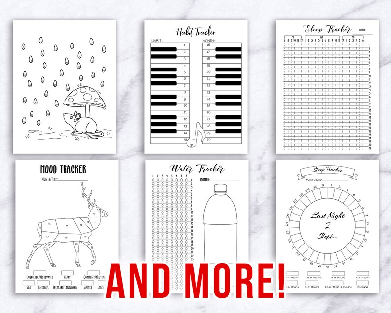 May include: A set of printable black and white habit tracker pages. The pages include trackers for sleep, mood, water intake, and habits. The pages feature illustrations of a mouse, deer, water bottle, and musical notes.
