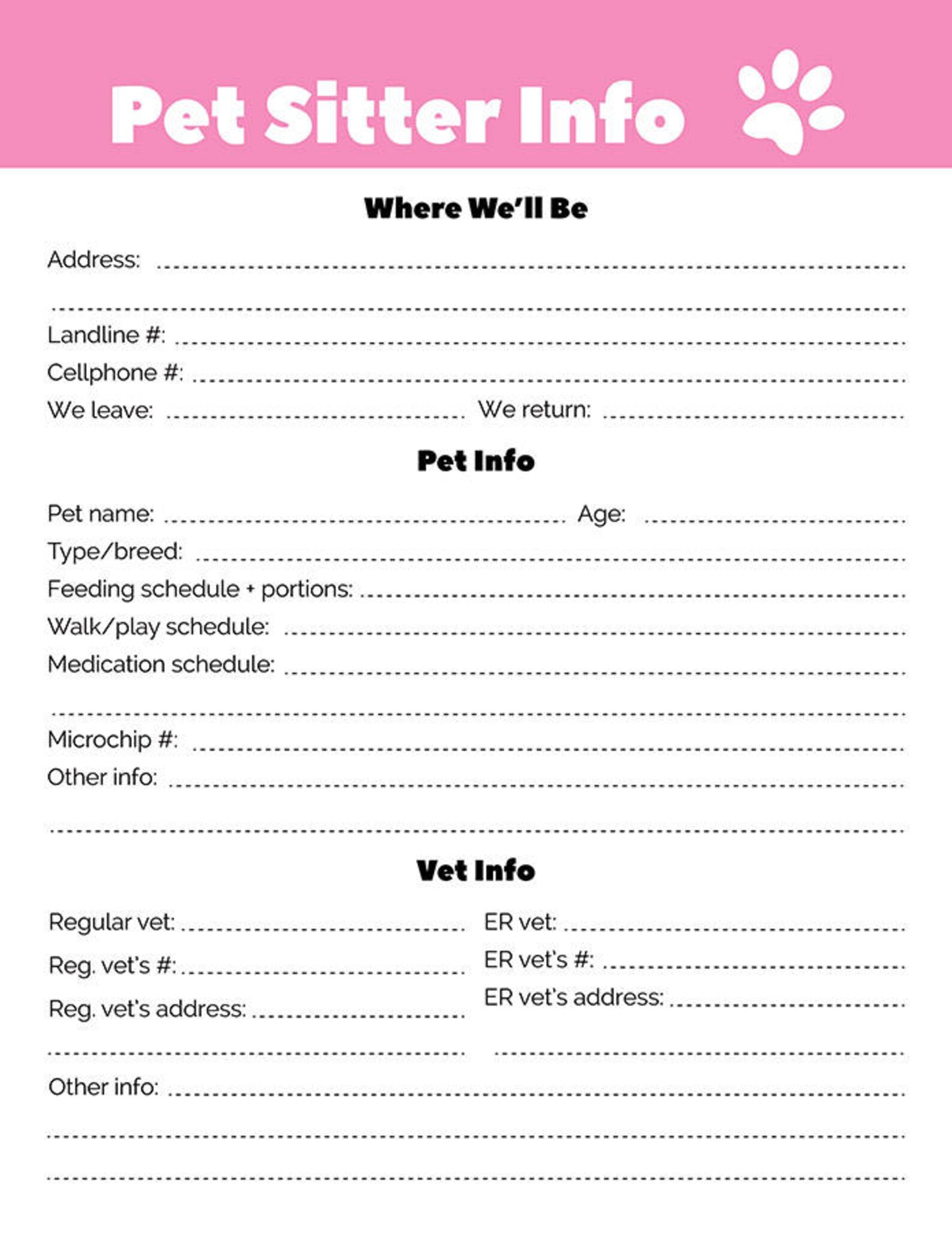 Pet Sitter Info Sheet Printable Pet Info Sheet Pet Sitter Etsy