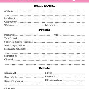 Pet Sitter Info Sheet Printable, Pet Info Sheet, Pet Sitter Checklist, Pet Sitter Notes, Dog Sitter Printable, Cat Sitter Printable, Planner image 3