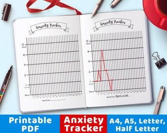 Può includere: Un tracker di ansia stampabile con un grafico per tracciare i livelli di ansia nel tempo. Il grafico ha una scala da 1 a 5, dove 1 è "basso" e 5 è "cattivo". Il grafico è etichettato "Tracker di ansia" e ha un banner sopra il titolo. Il grafico è vuoto sul lato sinistro e ha una linea rossa tracciata sul lato destro, mostrando un esempio di come utilizzare il tracker.