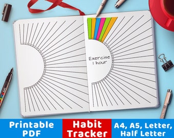 May include: A printable habit tracker with a half circle design. The tracker is divided into 30 sections, each with a number. The text "Exercise 1 hour" is written in the center of the tracker. The tracker is printed on white paper and is ready to be used.